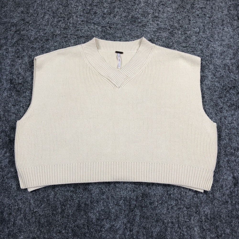 Free People Sweater Vest Womens M White Ribbed Knit V Neck Cropped Stretch Top